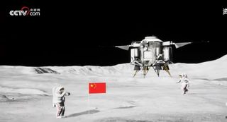 two chinese astronauts and their lander on the moon with a chinese flag