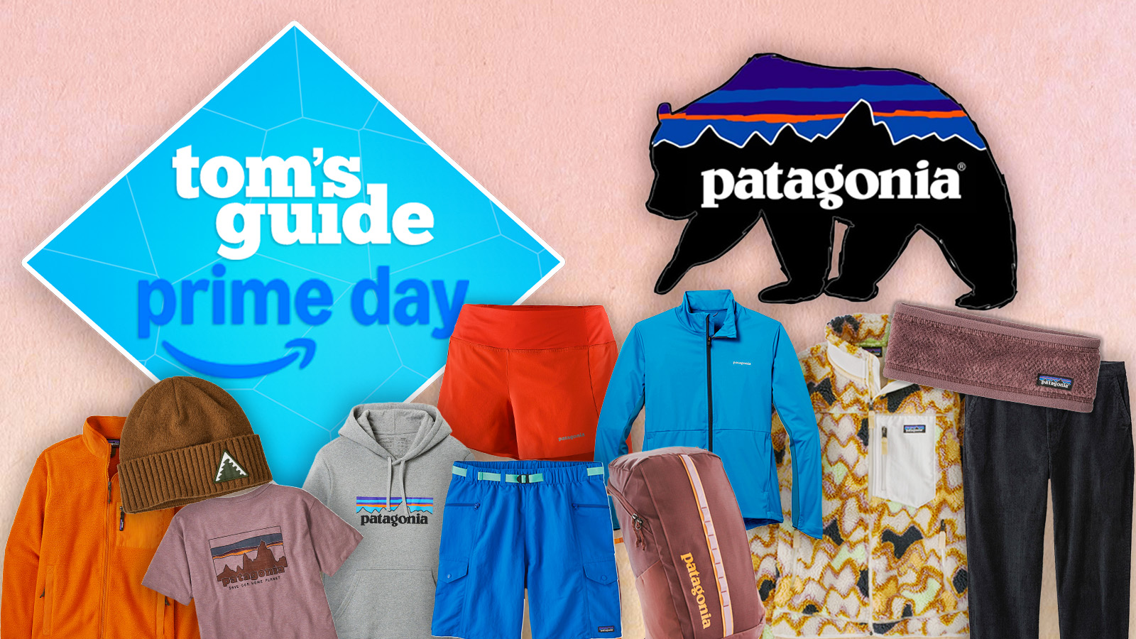 a peach background composite image with the patagonia bear logo and a tom&#039;s guide blue diamond prime day deal badge, showing a range of patagonia products including patagonia fleece, patagonia jacket, and patagonia backpacks
