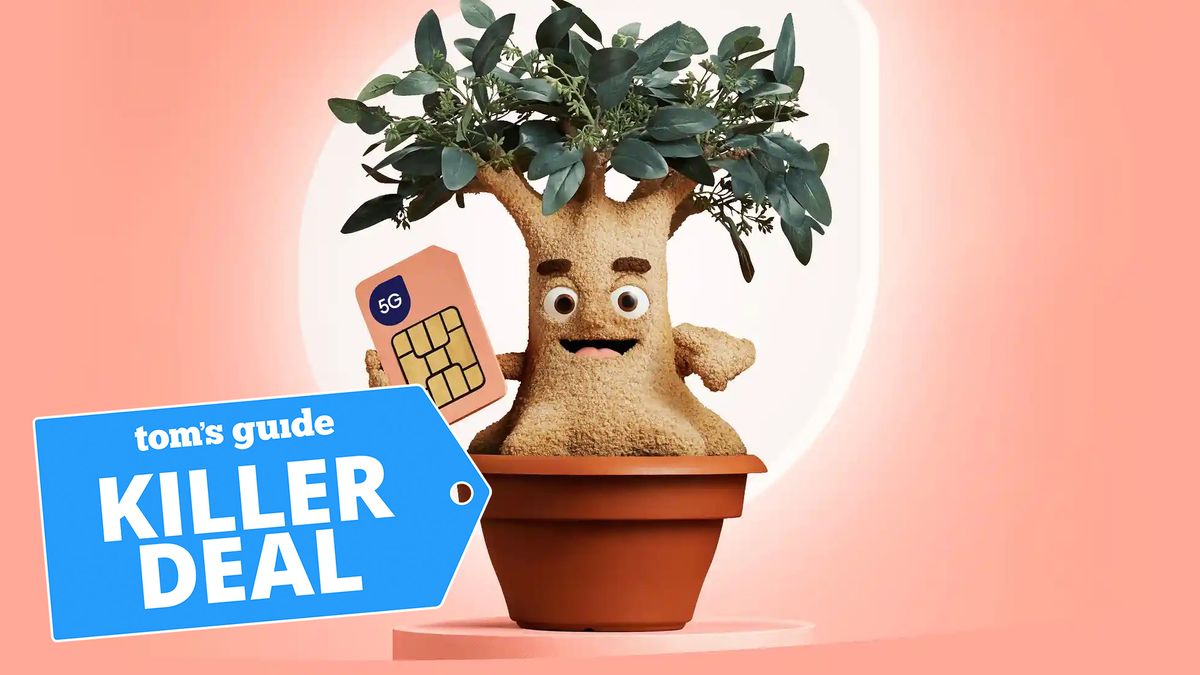 Felix Mobile promotional image which shows a cartoon tree with a face holding a 5G sim card