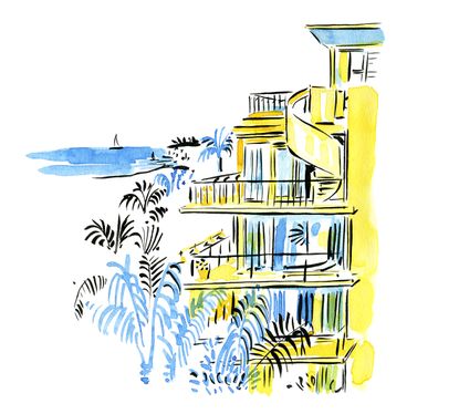 Blue, yellow and black illustration of The Miami Beach Hotel Edition, 2901 Collins Avenue, Miami Beach.