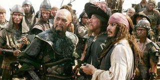 Captain Sao Feng (Chow Yun-Fat), Barossa (Geoffrey Rush) and Capt. Jack (Johnny Depp) join forces