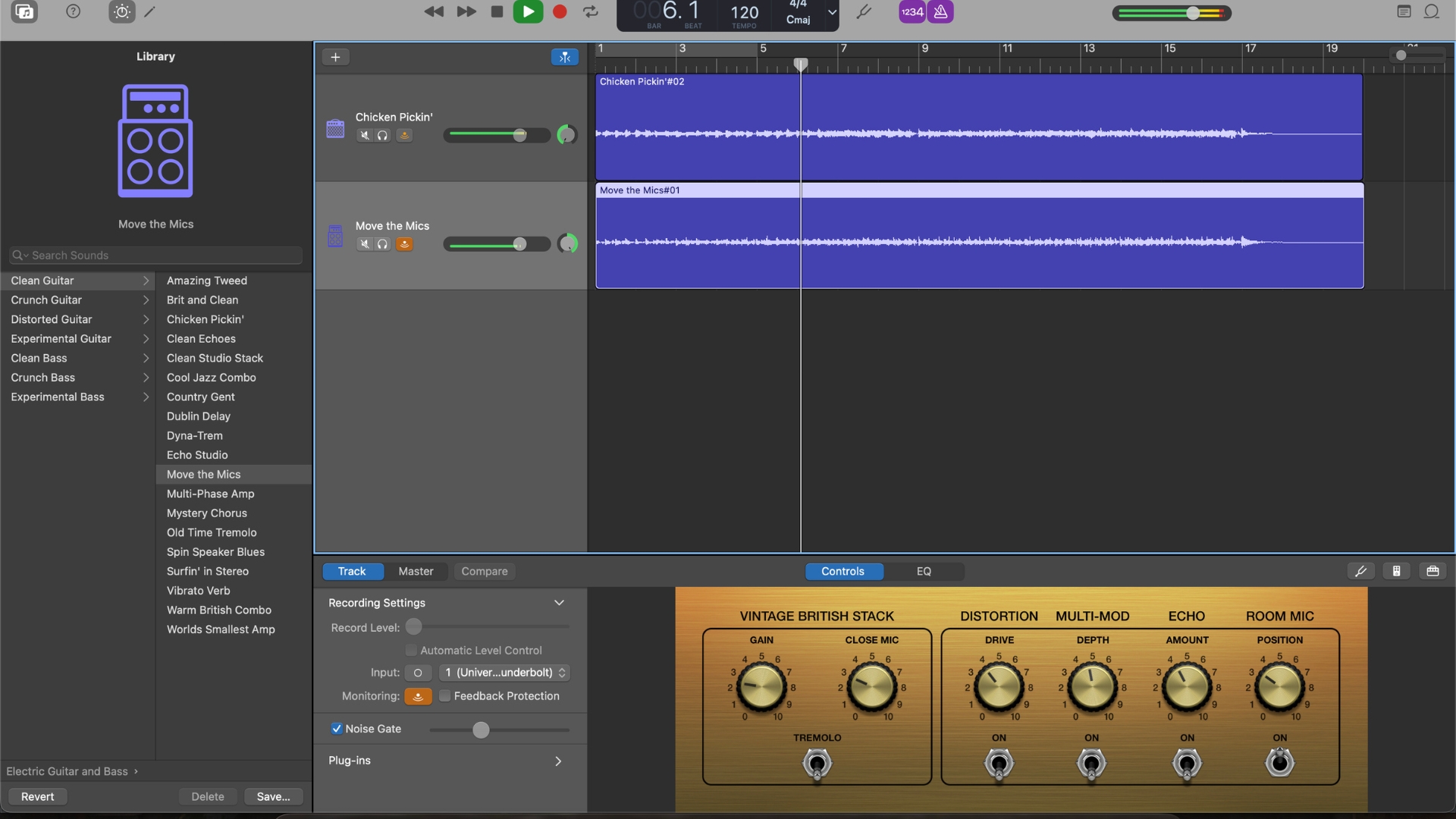 A screenshot showing dual guitar rhythm tracks in GarageBand