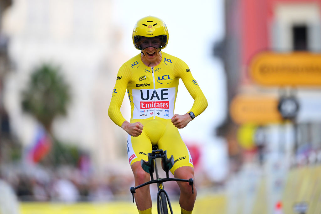 NICE, FRANCE - JULY 21: Stage and overall race winner Tadej Pogacar of Slovenia and UAE Team Emirates - Yellow Leader Jersey crosses the finish line during the 111th Tour de France 2024, Stage 21 a 33.7km individual time trial from Monaco to Nice / #UCIWT / on July 21, 2024 in Nice, France. (Photo by Tim de Waele/Getty Images)