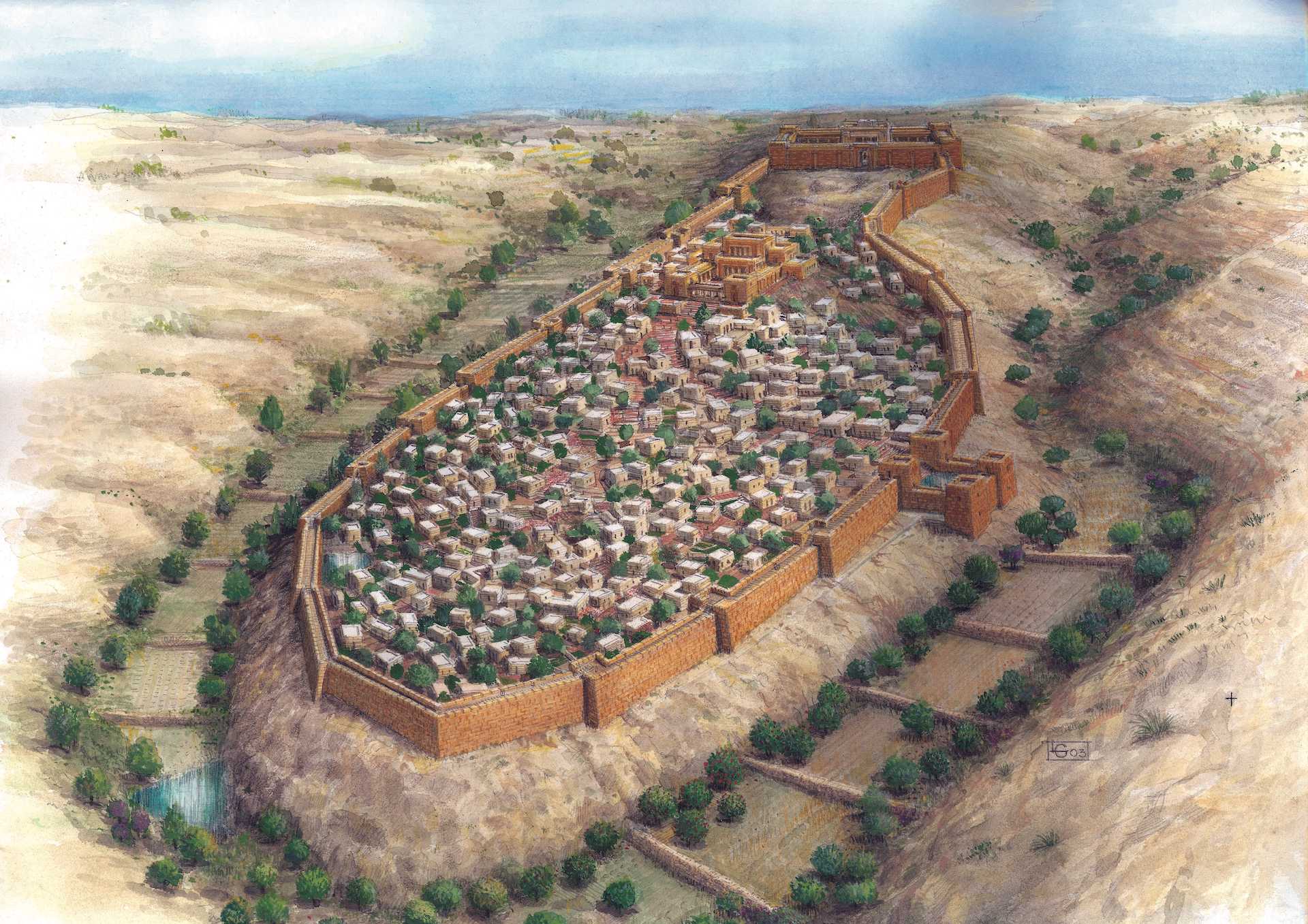 Illustration of an ancient city within a wall and surrounded by a ditch. Trees line the ditch and logs are laid across it. City appears to be in a desert environment.