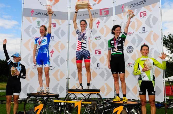 Catamount Classic elite women's podium (L to R): Judy Freeman (Crankbrothers) 5th, Amanda Sin (Scott 3Rox Racing) 4th, Mary McConneloug (Kenda-Notubes) 3rd, Catharine Pendrel (Luna Pro Team) 2nd, Lea Davison (Specialized) 1st