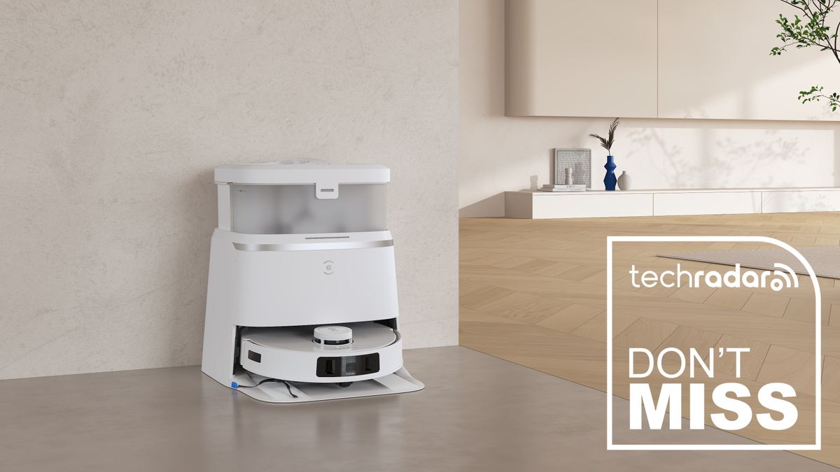 A TechRadar deal logo on an image of the white Ecovacs Deebot T30 Omni robot vacuum standing in a corner of a room