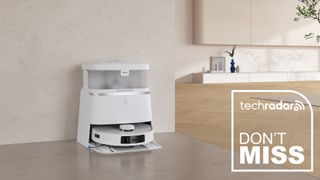 A TechRadar deal logo on an image of the white Ecovacs Deebot T30 Omni Pro robot vacuum standing in a corner of a room