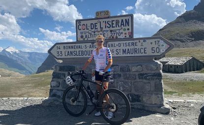 A cyclist at the top of the Col d'Iseran