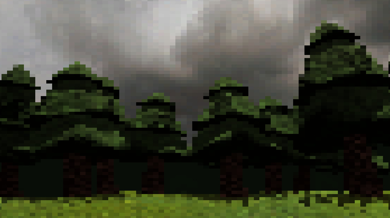 Welcome to the Dark Place screenshots of black background and pixel art trees