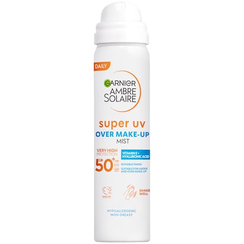 Garnier Ambre Solaire Over Makeup Super Uv Protection Mist Spf50+ 75 Ml With Hyaluronic Acid and Vitamin E, Light Texture, Invisible Finish, Non-Greasy Spray, Protects 
Hydrates Skin