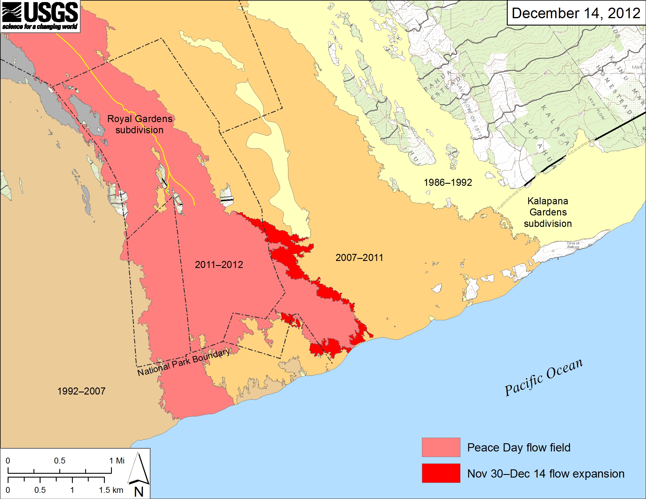 Large-scale map showing the mapped flow expansion on the coastal plain between November 30 and December 14 (in bright red). Light red represents the extent of the Peace Day flow from September 21, 2011, to November 30, 2012. Older flows are labeled with the years in which they were active.