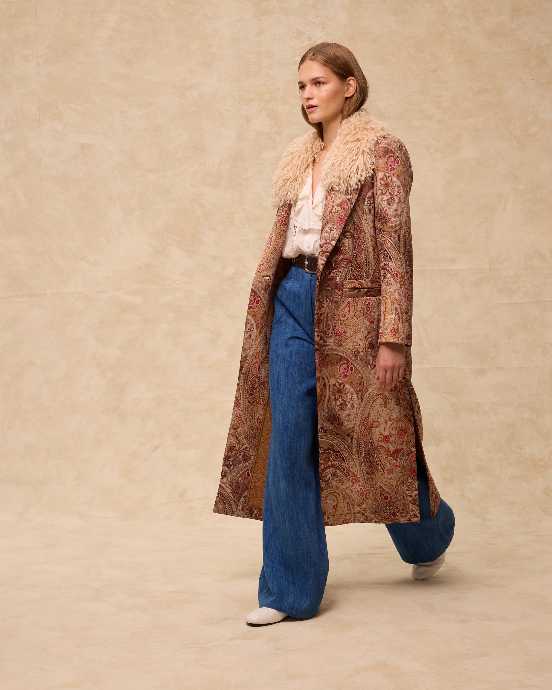 Erica | Long Jacquard Coat With Faux Mongolian Fur Collar