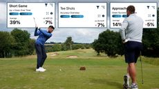 Baz Plummer at the top of his backswing with an iron, ready to hit a tee shot on a par-3, with three inset images of Baz's performance data being compared to a 20-handicap benchmark average, highlighting strengths in short game but areas for improvement off the tee and on approach