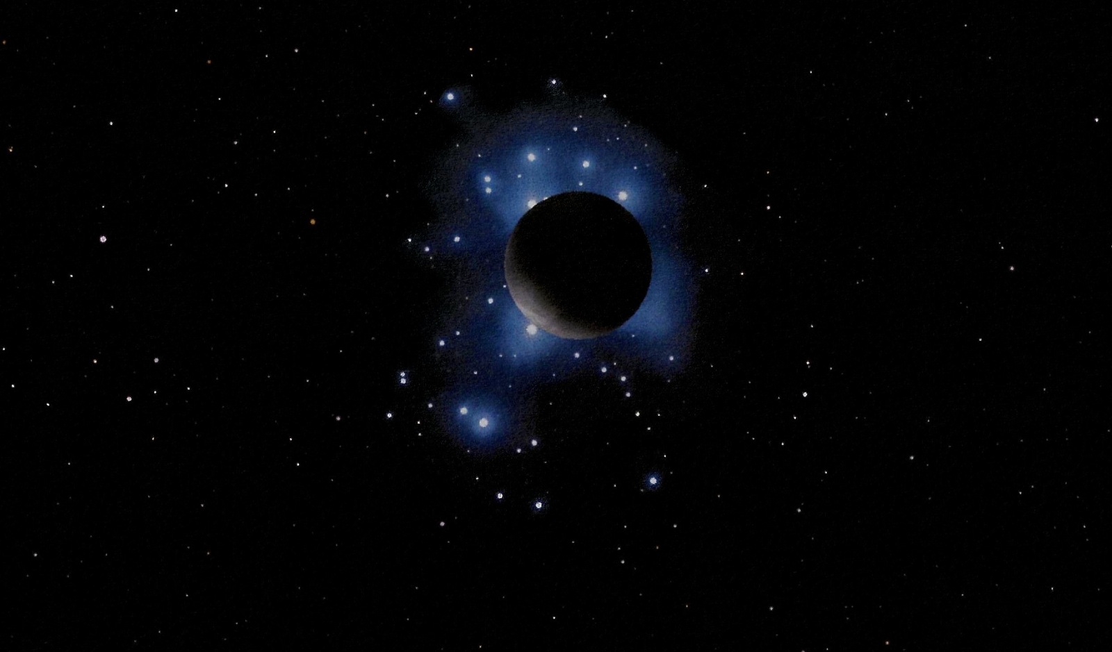 A silhouette of the full moon in front of a cluster of stars in the night sky