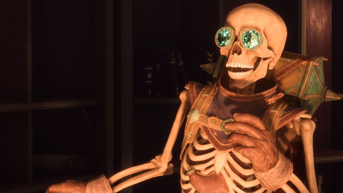 Dragon Age Manfred skeleton with crystal eyes looking shocked