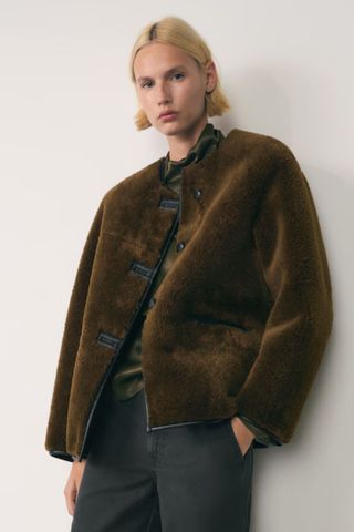 Mango Fur-effect coat with appliqués in Khaki