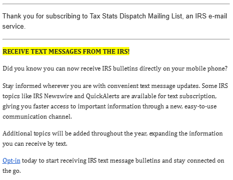 an image of a legitimate IRS email from the Tax Stats Dispatch Mailing List