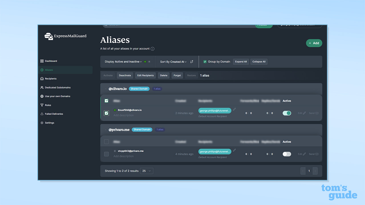 ExpressMailGuard multiple aliases screenshot