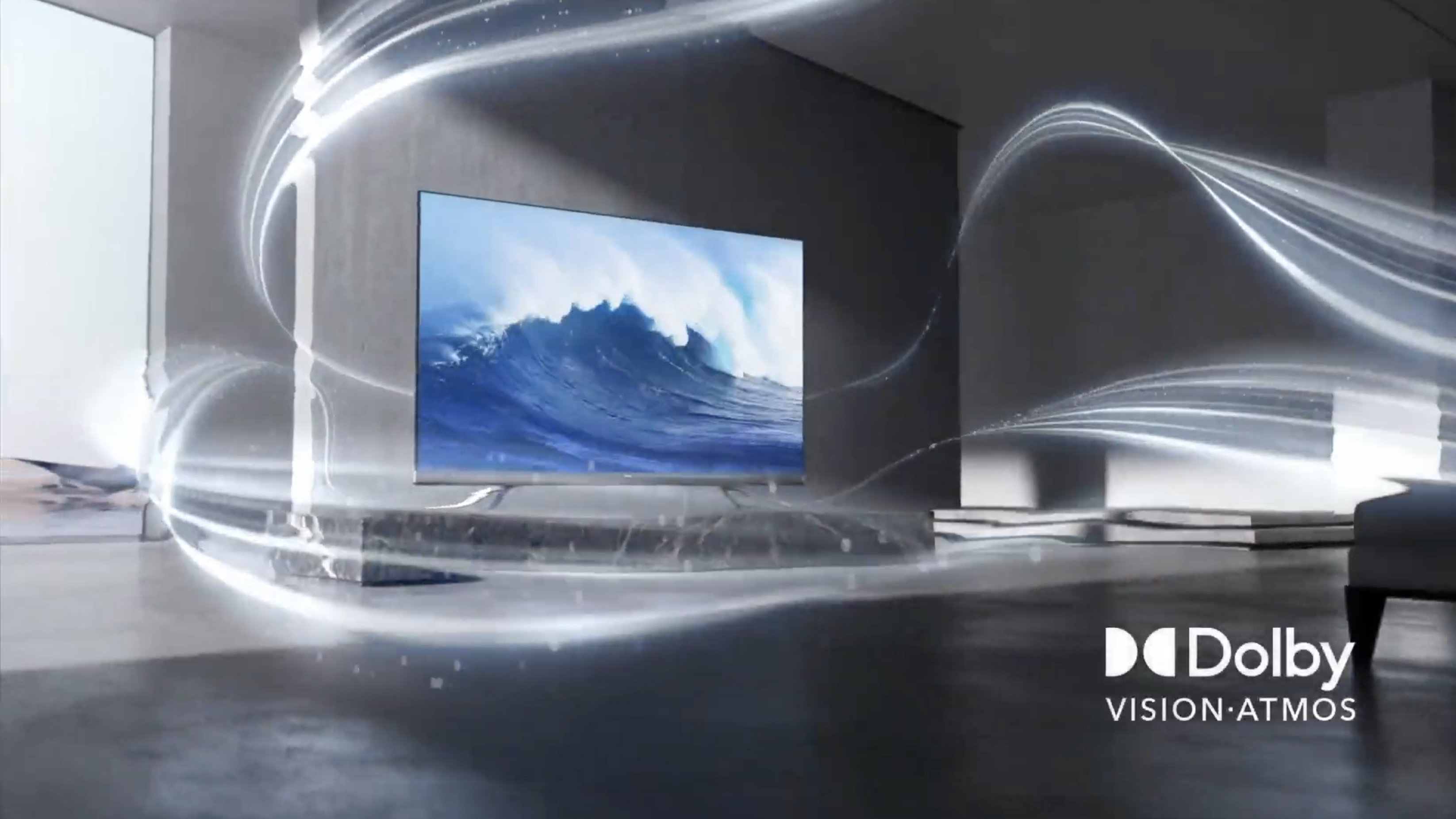 An abstract picture of a Hisense TV in a grey room surrounded by swirling grey smoke