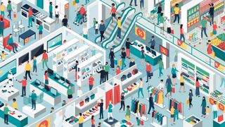 Illustration of a futuristic shopping centre with different tech-driven experiences