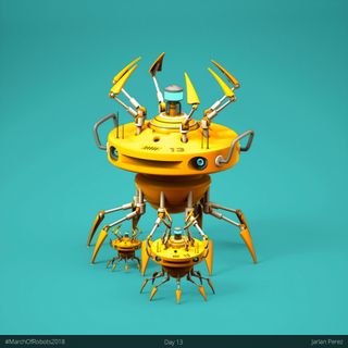 A trio of yellow drone like robots with a smiley face