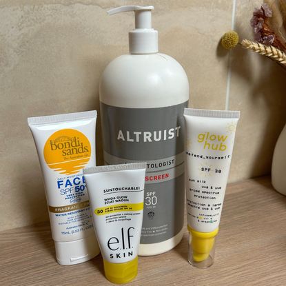 a line up of some of Tori's best affordable sunscreens
