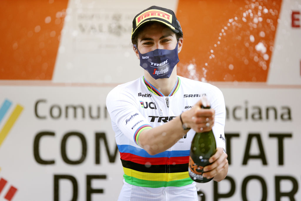 GANDIA SPAIN FEBRUARY 17 Elisa Balsamo of Italy and Team Trek Segafredo celebrates at podium as stage winner after the 6th Setmana Ciclista Valenciana Vuelta Comunidad Valenciana Feminas 2022 Stage 1 a 114km stage from Tavernes de la Valldigna to Gandia VoltaCVFemines22 on February 17 2022 in Gandia Spain Photo by Gonzalo Arroyo MorenoGetty Images