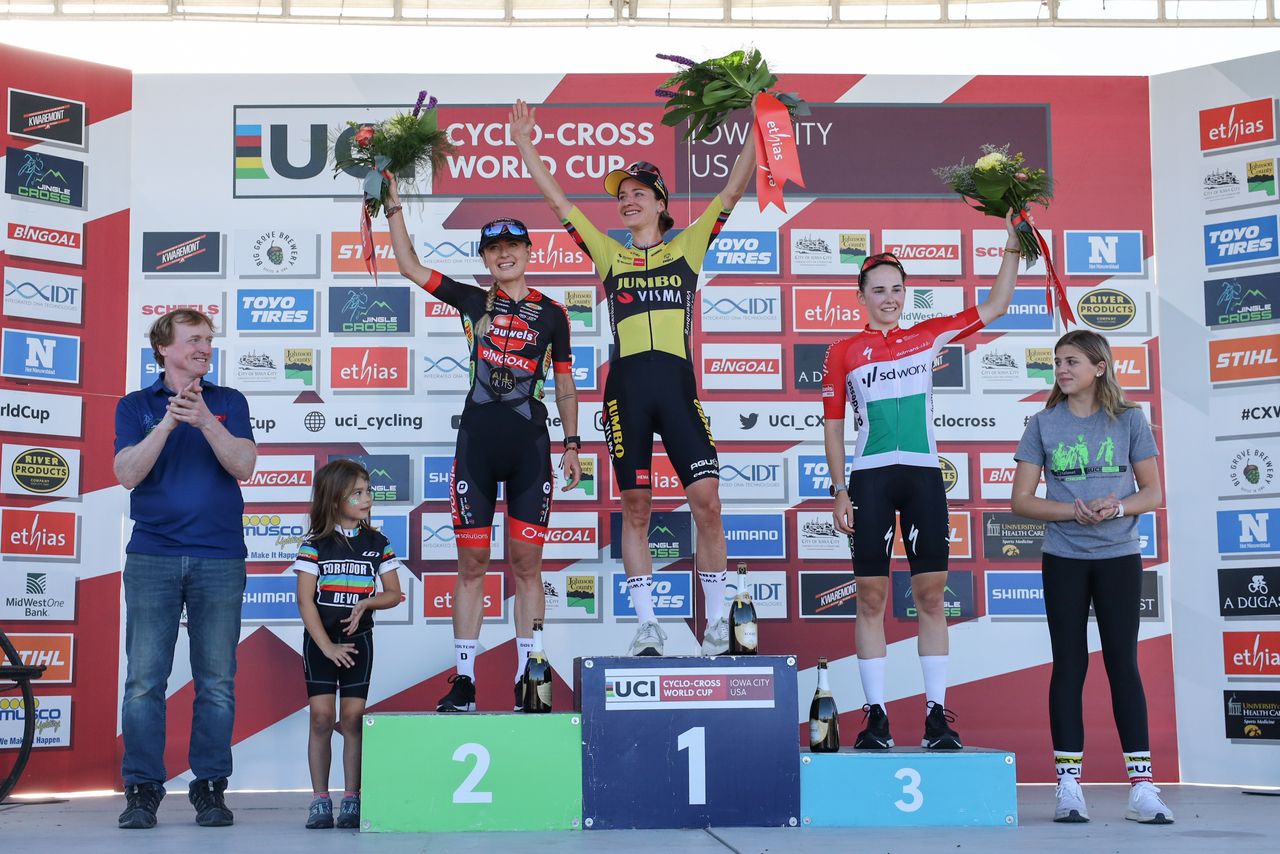 Marianne Vos (Jumbo-Visma), Denise Betsema (Pauwels Sauzen - Bingoal) and Kata Blanka Vas (SD Worx) on the Iowa City UCI Cyclo-cross World Cup women's elite podiu,