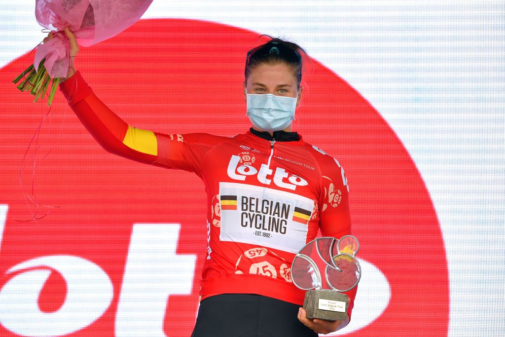 GERAARDSBERGEN BELGIUM JUNE 25 Lotte Kopecky of Belgium and Belgium National Team Red Leader Jersey celebrates at podium during the 9th Lotto Belgium Tour 2021 Stage 3 a 1011km stage from Geraardsbergen to Geraardsbergen 101m LottoBelgTour LottoBelgiumTour on June 25 2021 in Geraardsbergen Belgium Photo by Luc ClaessenGetty Images