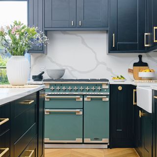 black and white kitchen with range cooker