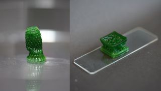 Two versions of a new photosynthetic material. On the left we see a pineapple-shaped sample and on the right a cubic sample.