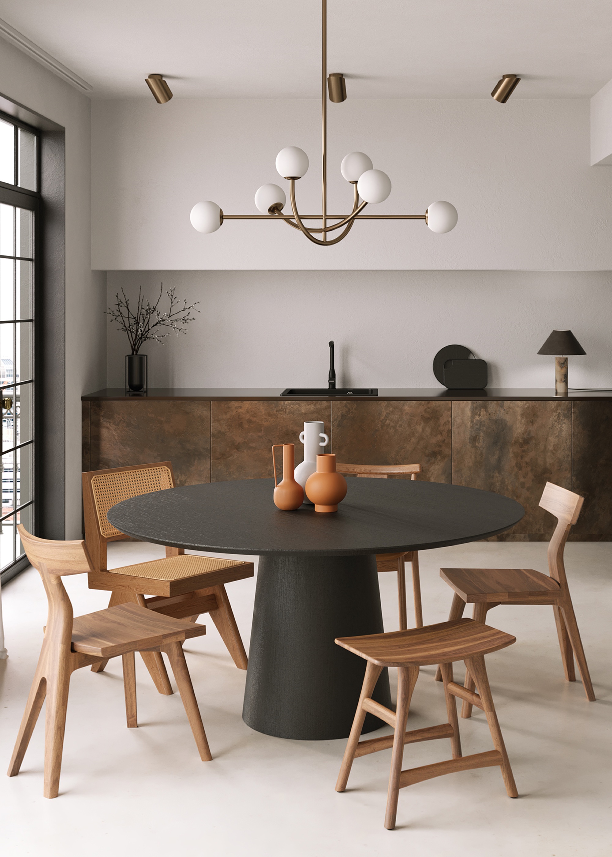 modern kitchen with layered lighting scheme, wall wash lighting, and orb chandelier by lights&amp;amp;lamps