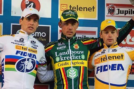 Elite men's podium: Niels Albert (BKCP Powerplus), Sven Nys (Landbouwkrediet Colnago), Kevin Pauwels (Telenet Fidea)