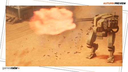 A mech firing a machine gun in the desert in Menace