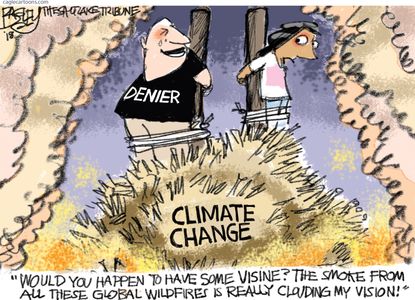 Political cartoon U.S. climate change environment smoke wildfires California Greece global warming