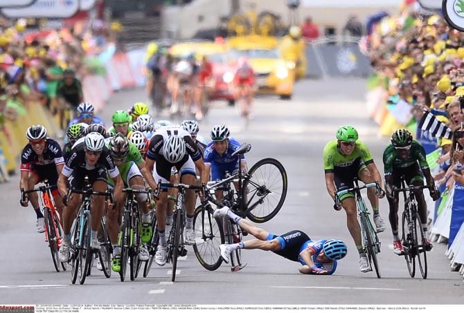 Andrew Talansky takes a heavy fall on stage seven of the Tour de France