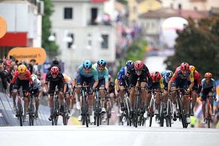 VELIKO TARNOVO, BULGARIA - MAY 09: A general view of Guillermo Thomas Silva of Uruguay and Team XDS Astana, Florian Stork of Germany and Team Tudor Pro Cycling, Giulio Ciccone of Italy and Team Lidl - Trek, Christian Scaroni of Italy and Team XDS Astana, Giulio Pellizzari of Italy and Team Red Bull - BORA - hansgrohe, Matteo Sobrero of Italy and Team Lidl - Trek, Andreas Leknessund of Norway and Team Uno-X Mobility sprint at finish line to win during the 109th Giro d'Italia 2026, Stage 2 a 221km stage from Burgas to Veliko Tarnovo / #UCIWT / on May 09, 2026 in Veliko Tarnovo, Bulgaria. (Photo by Dario Belingheri/Getty Images)