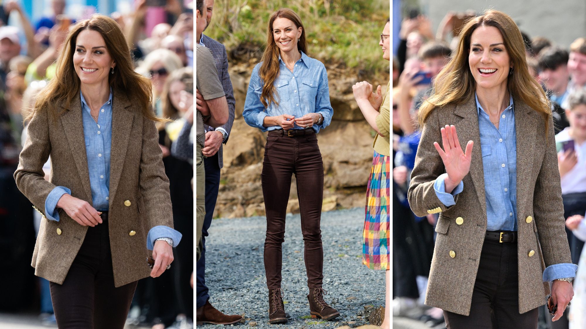 Kate Middleton wearing Holland Barret Tweed Blazer and Boden Blue Linen Shirt