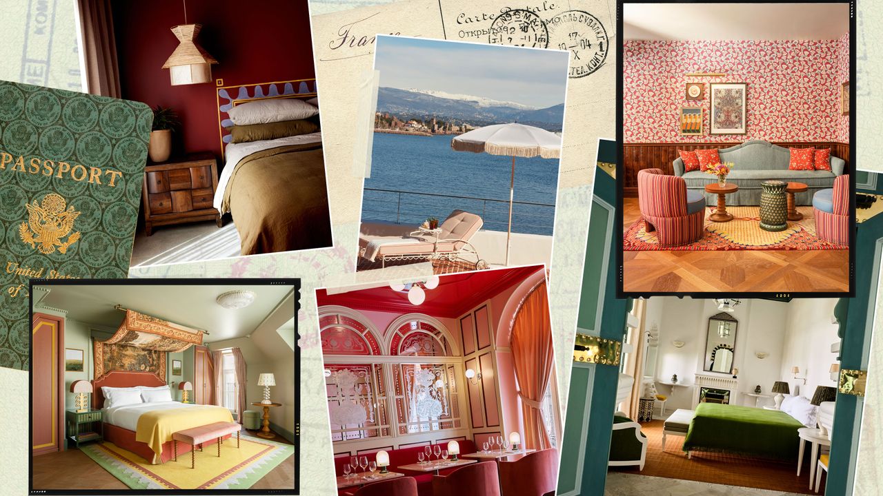 A collage of six images depicting hotel rooms, a hotel restaurant, and a sea view.