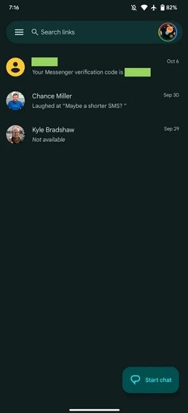 Google Messages' old look with the nav drawer included.