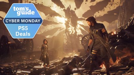 Clair Obscur Expedition 33 screenshot with a Tom's Guide PS5 Deals Cyber Monday deal tag