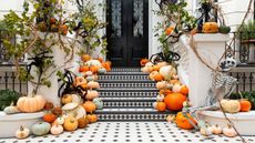  A beautiful arrangement of different types of pumpkin on the front steps of a house at Halloween