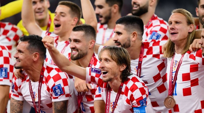 Croatia players celebrate after beating Morocco in the World Cup 2022 third-place match.