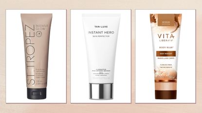 Collage of the best instant tans (L-R) St Tropez Instant Glow, Tan-Luxe Instant Hero and Vita Liberata Body Blur, on a soft pink background