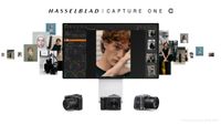 Hasselblad Capture One software displayed on a monitor, surrounded by portraits, with three Hasselblad cameras below