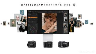 Hasselblad Capture One software displayed on a monitor, surrounded by portraits, with three Hasselblad cameras below