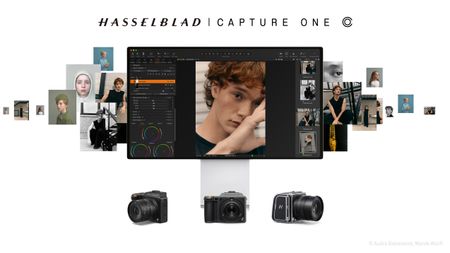 Hasselblad Capture One software displayed on a monitor, surrounded by portraits, with three Hasselblad cameras below