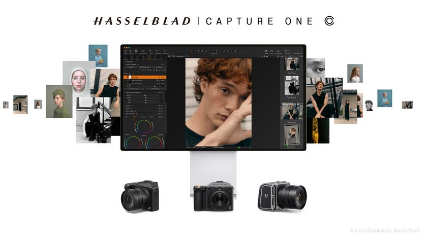 Hasselblad Capture One software displayed on a monitor, surrounded by portraits, with three Hasselblad cameras below