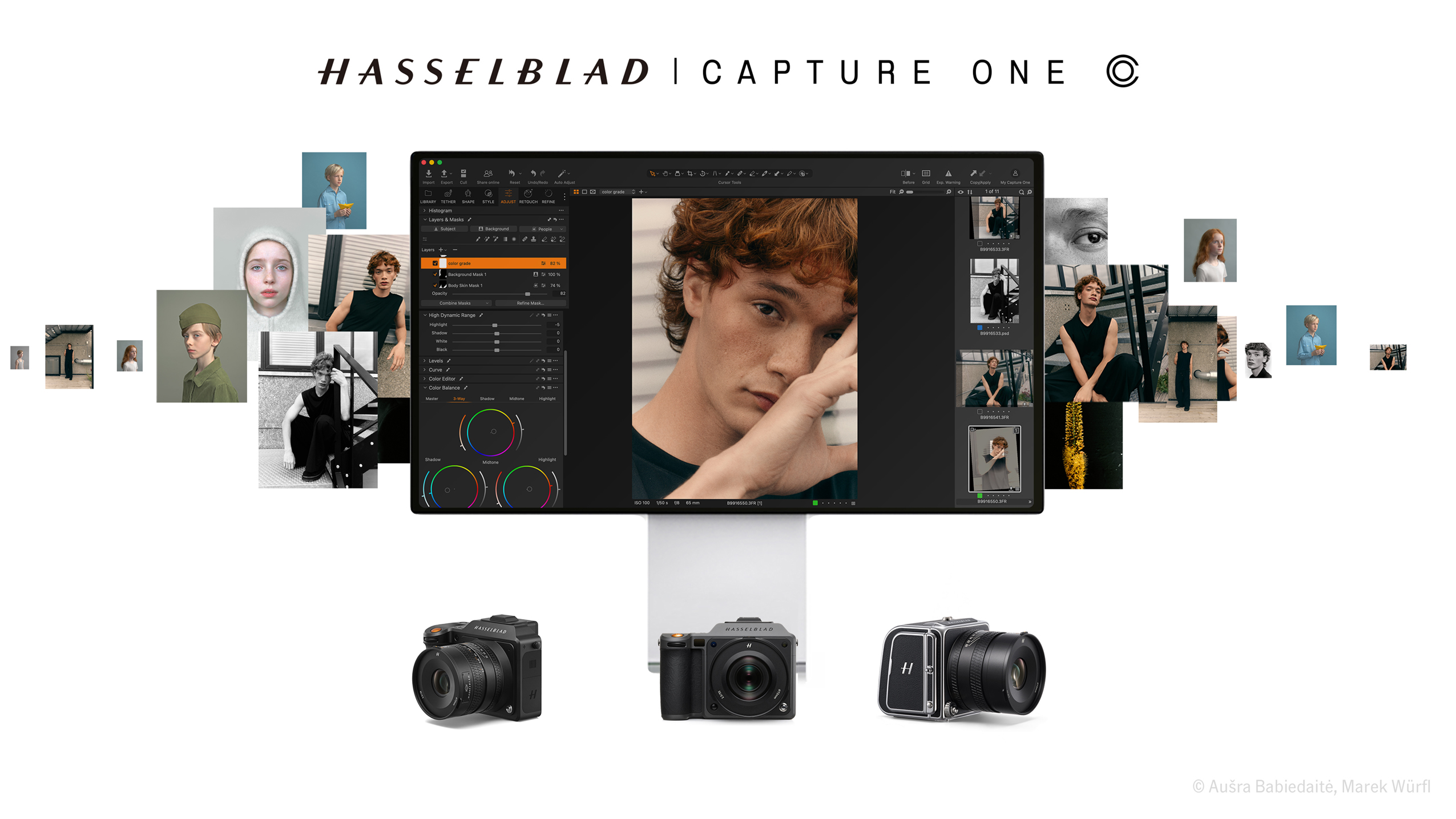 Hasselblad Capture One software displayed on a monitor, surrounded by portraits, with three Hasselblad cameras below