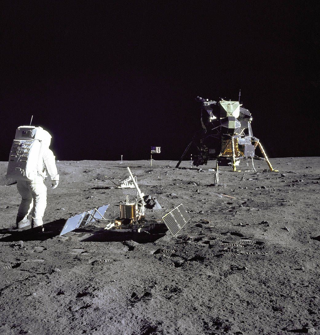 Neil Armstrong and Buzz Aldrin on the moon for the Apollo 11 mission.